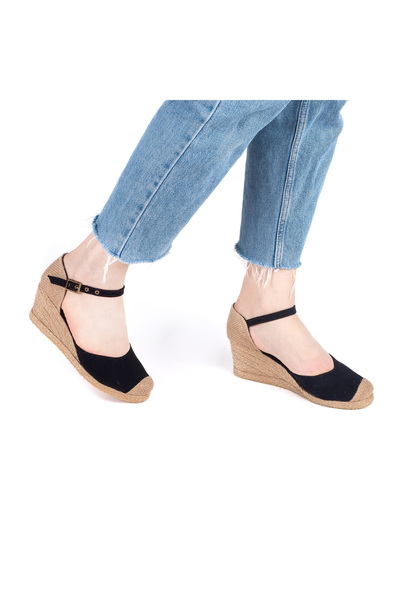 Star Tombis Black Linen Handmade Espadrille - Real Handmade Straw Wedge Heel