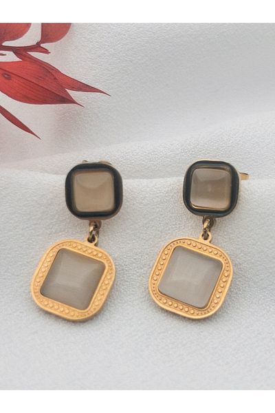 Siya Silver Pearlescent Double Stone Tarnish Stainless Steel Earrings