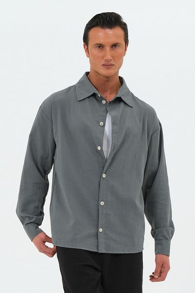 RELAXL 100% Cotton Retro Collar Relaxed Cut Men's Shirt Dark Gray