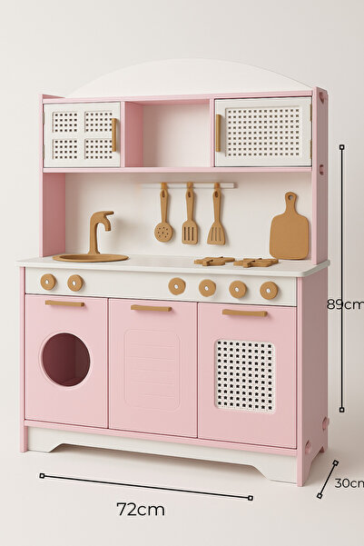 hedefixtoys Pembe Ahşap Oyuncak Mutfak 12 Parça Servis Seti ve Led Hediyeli