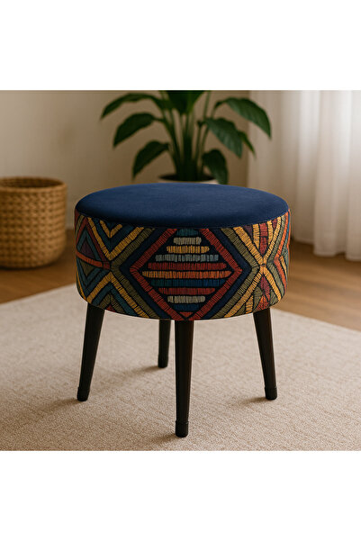 ustaagac Premium Puf Koltuk Tabure - Etna Gökkuşağı Mavi - Ahşap Gürgen Ayaklı