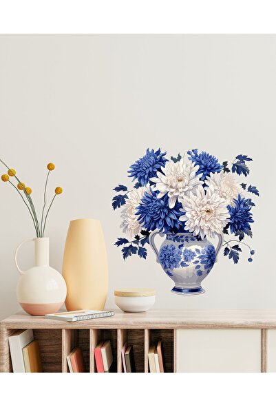 MAARS Vasă cu model de faianță albastră și flori albe - living, sufragerie, s...