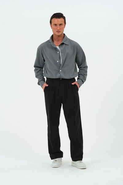 RELAXL 100% Cotton Retro Collar Relaxed Cut Men's Shirt Dark Gray