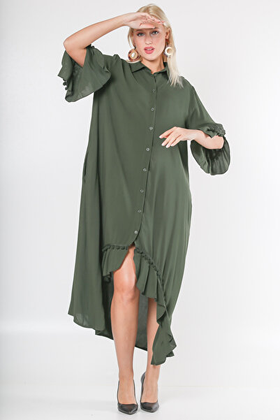 Chiccy Khaki Shirt Collar 3/4 Cuff Buttons Wide Cut Woven Dress with Ruffles on Sleeves and Hem