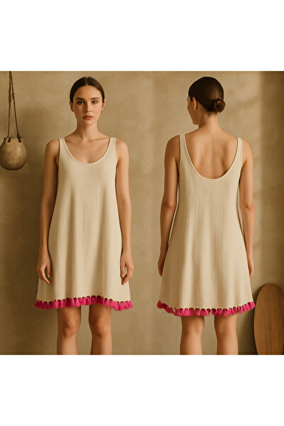 buldanistan Müslin Saçaklı Kadın Naturel Elbise