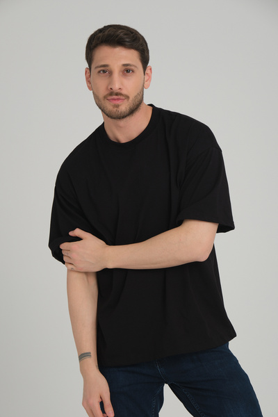 3 ROPE Tricou unisex oversize din bumbac cu decolteu de bază, negru
