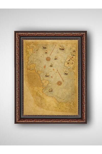 WoodyArts Piri Reis Dünya Haritası - Kahverengi Vintage Çerçeve