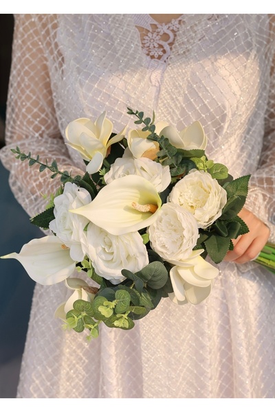DUGİNA Trend Model Gelin Buketi Beyaz Gala Gül Şakayık Manolya Okaliptüs Dama...