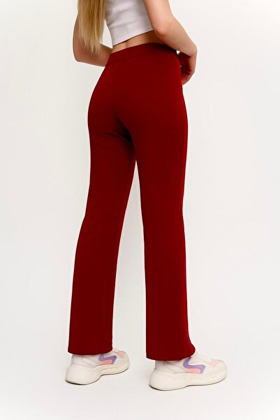 ASTRAC Modal İçeren Kadın Yüsek Bel Bol Paça önü Nervürlü Çimalı Bordo Pantolon (Yeni)