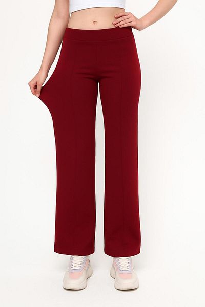 ASTRAC Modal Containing Women's High Waist Loose Wide Leg-Front Ribbed Burgundy Pants (New)