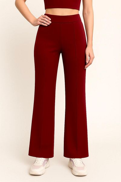 ASTRAC Modal Containing Women's High Waist Loose Wide Leg-Front Ribbed Burgundy Pants (New)
