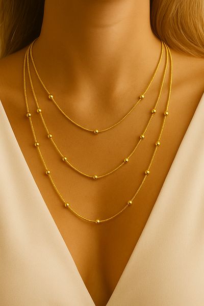 Luna Barella 3 Layer Gold Color Ball Detailed Women's Necklace – Minimal and Elegant Design