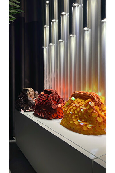 WOMANBAG EL YAPIMI PULLU GİZLİ BURSLU CLUTCH ÇANTA (TURUNCU)