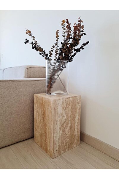 ENESES Doğal Traverten Küp - Yan Sehpa 45cm