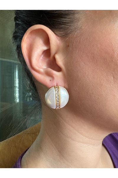 MODA White Round Big Earrings - Stone Detailed Flashy Women's Earrings