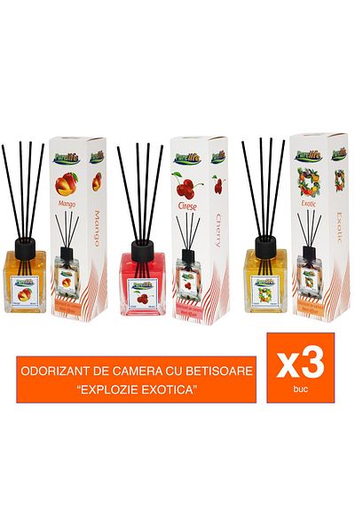 Odorizant de cameră cu bețișoare PureLife – 120 ml, Set 3 arome (Mango, Exotix, Cireșe)