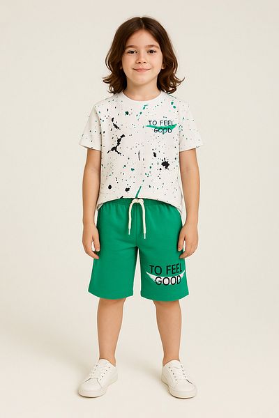 Fulla Moda To Feel Good Text Printed 2-Piece Boy's Shorts Suit