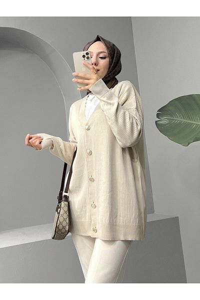 Modamorfo Buttoned Ribbed Knitwear Cardigan -Cream
