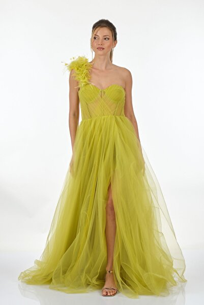 ALCHERA Abiye Yırtmaç Detaylı Lime Kadın Elbise 2313215