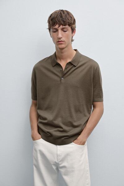 Massimo Dutti Kısa kollu yün karışımlı triko polo yaka t-shirt
