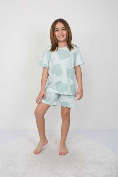 İsobel Kids Green Heart Pattern Short Sleeve Girl's Summer Pajamas Set with Short Shorts Underneath
