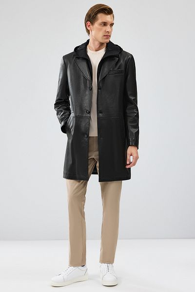 Derimod Dias Men's Black Long Hooded Leather Trench Coat 24Wgd6512U4