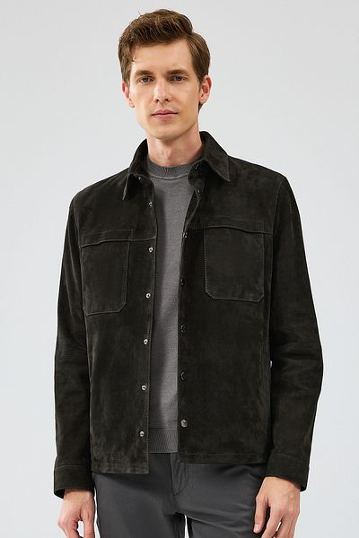 Derimod Men's Black Suede Leather Shirt Collar Jacket - Enzo 24wge 652410