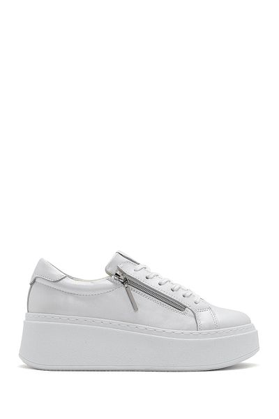 Derimod Women's White Thick Sole Side Zipper Lace-Up Leather Sneaker 25Sfd3702Sm