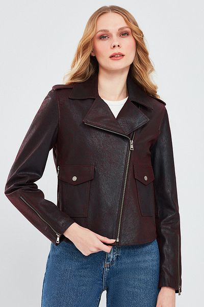 Derimod Amor Women's Burgundy Biker Leather Jacket - 23wgd51184v