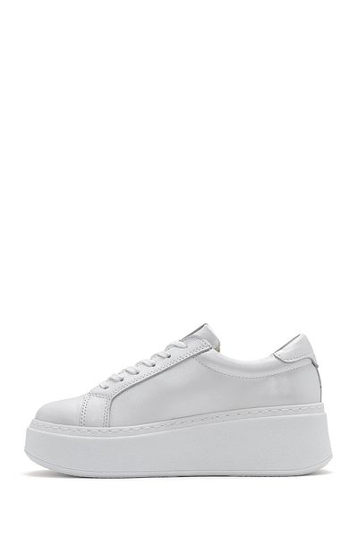Derimod Women's White Thick Sole Side Zipper Lace-Up Leather Sneaker 25Sfd3702Sm