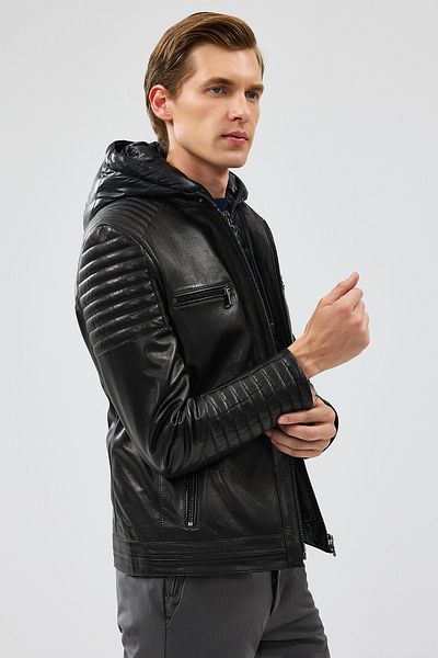 Derimod Lyon Men's Black Hooded Leather Jacket 24Wgf6530Ve