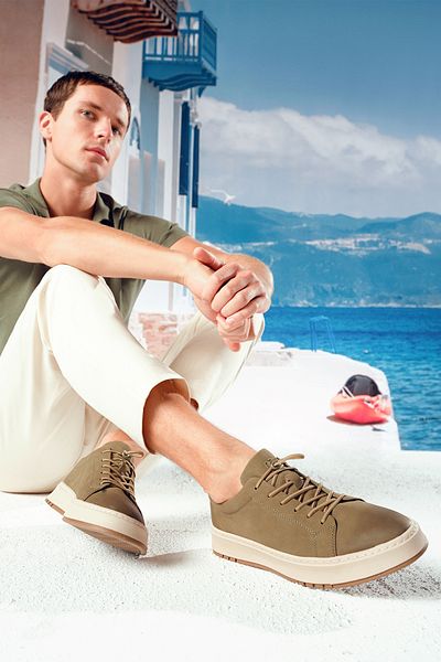 Derimod Men's Khaki Lace-Up Nubuck Leather Sneaker 25Sfd6910V3