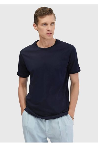 Ramsey Μπλουζάκι Navy Blue Plain Crew Neck 100% βαμβακερό