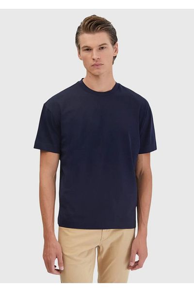 Ramsey Μπλουζάκι Navy Blue Plain Crew Neck 100% βαμβακερό