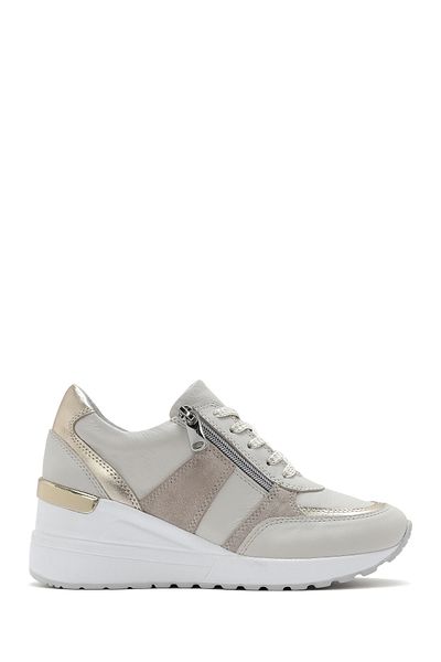 Derimod Women's Beige Wedge Heeled Side Zipper Leather Sneaker 25Sfd 370314
