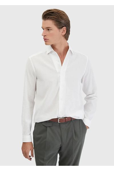 Ramsey Cămașă albă, simplă, țesută, casual, 100% bumbac