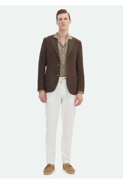 Ramsey Καφέ μοτίβο πουκάμισο Shoulder Slim Fit 100% λινό μπουφάν