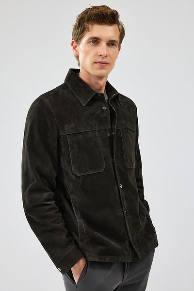 Derimod Men's Black Suede Leather Shirt Collar Jacket - Enzo 24wge 652410