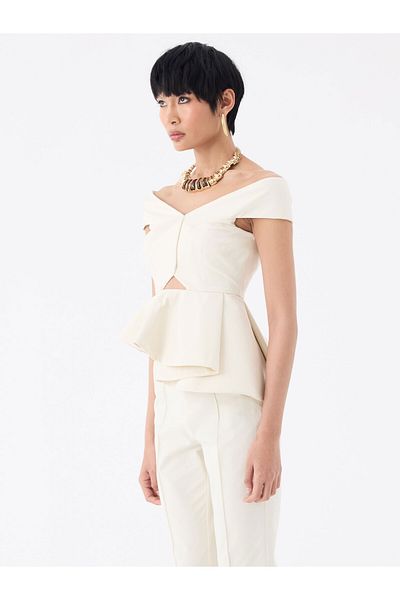 RİVUS Asymmetrical Flounce Detailed Shoulderless Bustier Blouse - Ecru