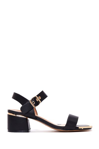 Derimod Women's Black Ankle Strap Short Thick Heeled Shoes Sandals 25Sfe461918