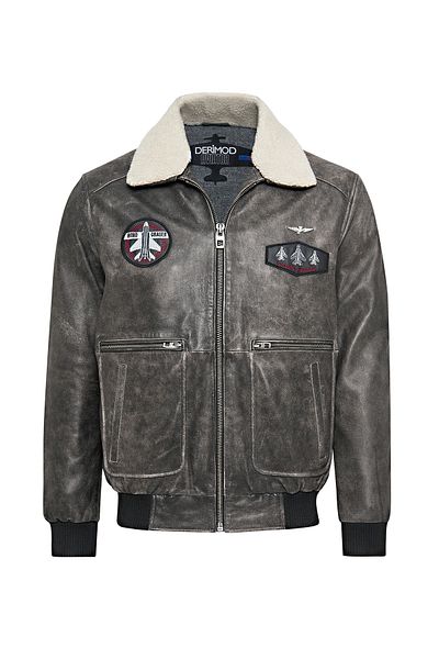 Derimod Hurricane Men's Gray Embroidered Collar Fur Leather Pilot Coat 24Wgd6543G6