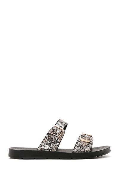 Derimod Women's Black Double Buckle Patterned Slippers 25Sfe 460240