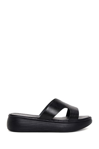 Derimod Women's Black Thick Soled Leather Slippers 25Sfd 330418