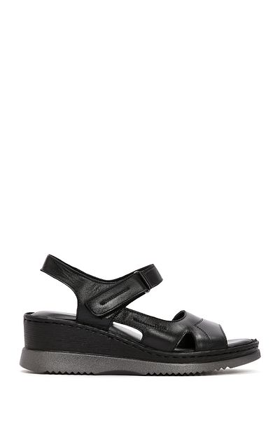 Derimod Women's Black Thick Soled Ankle Strap Genuine Leather Comfort Sandals 25Sfd320818