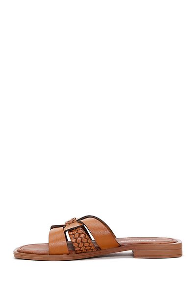 Derimod Women's Tan Knitted Detailed Leather Slippers 25Sfd 330118