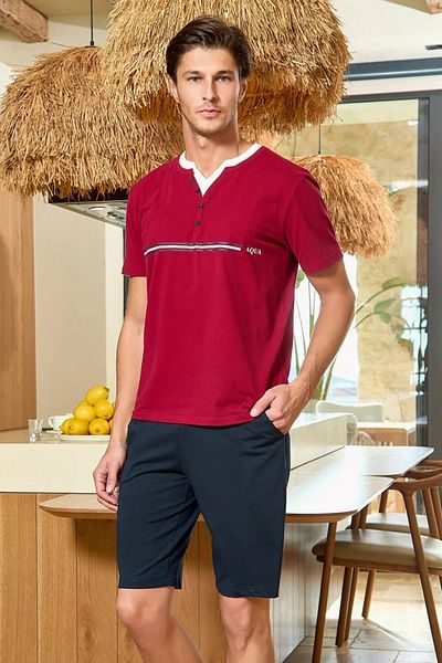 Mavelle Men's Burgundy Print Detailed Short Sleeve Cotton Shorts Set 25923