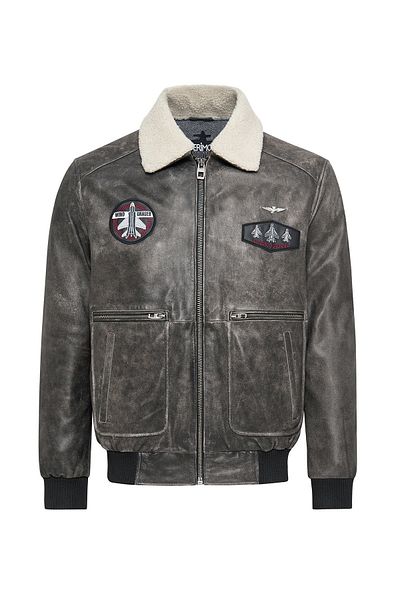 Derimod Hurricane Men's Gray Embroidered Collar Fur Leather Pilot Coat 24Wgd6543G6