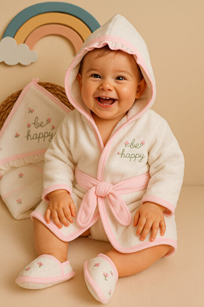 Cherub Baby Be Happy Flower Embroidered Organic Newborn Baby Girl Towel Bathr...