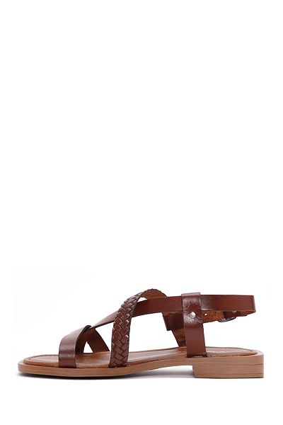 Derimod Women's Brown Knitted Detailed Genuine Leather Bodrum Sandals 25Sfd331718