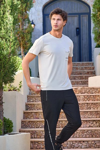 Mavelle Men's Beige Short Sleeve Pocket Detailed Tracksuit Set 25936
